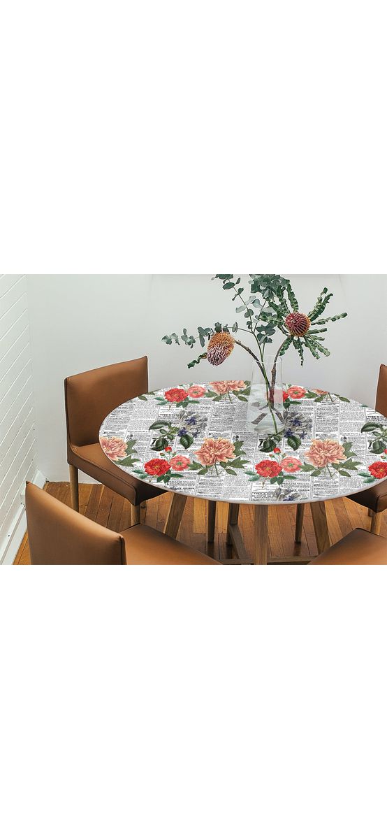 Autocolant blat masă, model ziar cu flori multicolor, 100 x 100 cm, racletă inclusă