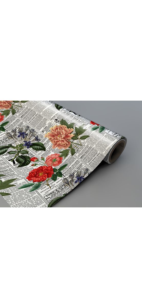 Autocolant blat masă, model ziar cu flori multicolor, 100 x 100 cm, racletă inclusă