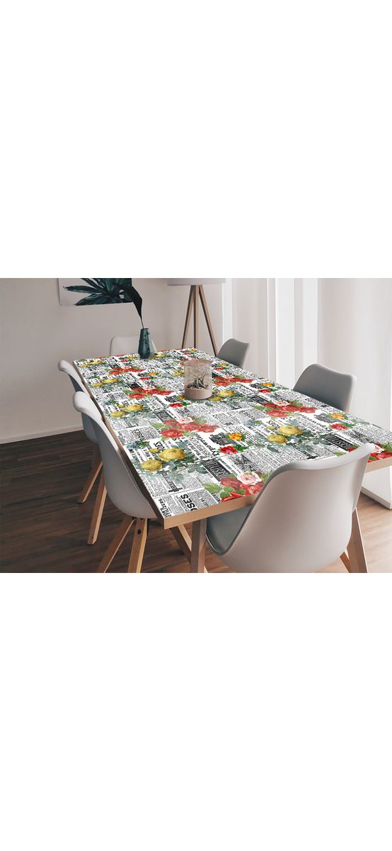 Autocolant blat masă, model ziar cu flori roșii și galbene, 100 x 100 cm, racletă inclusă