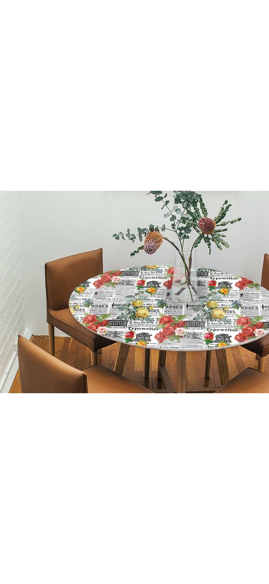 Autocolant blat masă, model ziar cu flori roșii și galbene, 100 x 100 cm, racletă inclusă