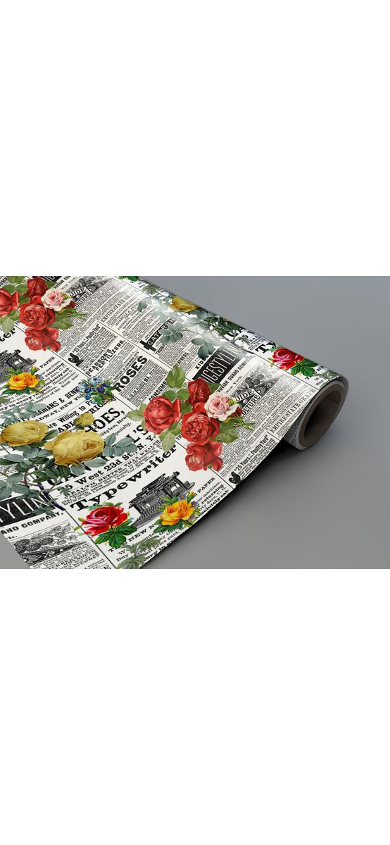 Autocolant blat masă, model ziar cu flori roșii și galbene, 100 x 100 cm, racletă inclusă