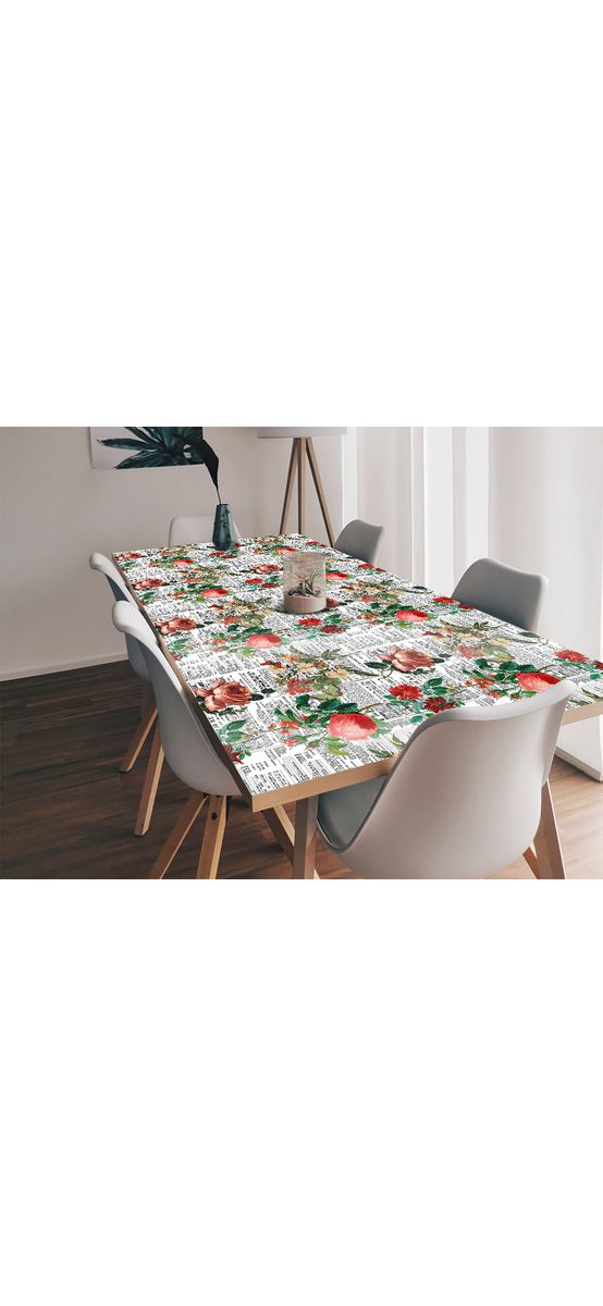Autocolant blat masă, model ziar cu flori nuanțe de roșu, 100 x 100 cm, racletă inclusă