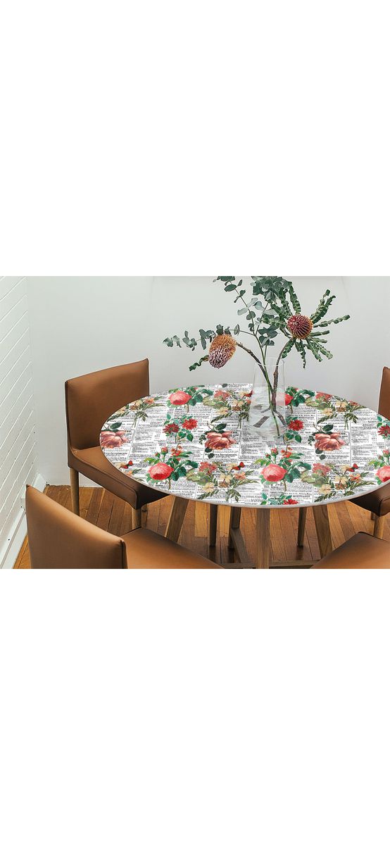 Autocolant blat masă, model ziar cu flori nuanțe de roșu, 100 x 100 cm, racletă inclusă