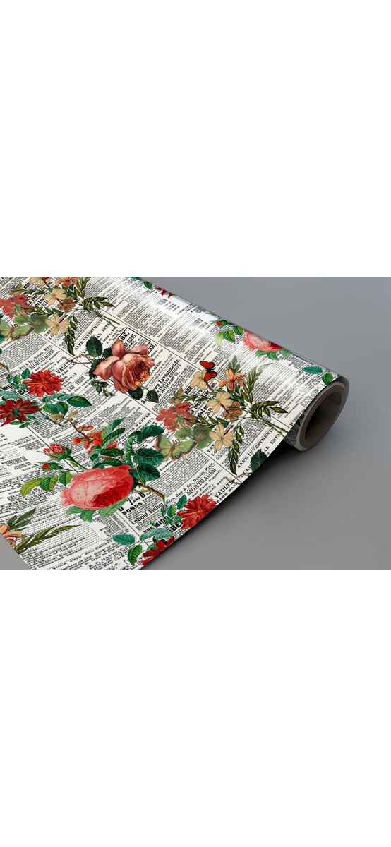 Autocolant blat masă, model ziar cu flori nuanțe de roșu, 100 x 100 cm, racletă inclusă
