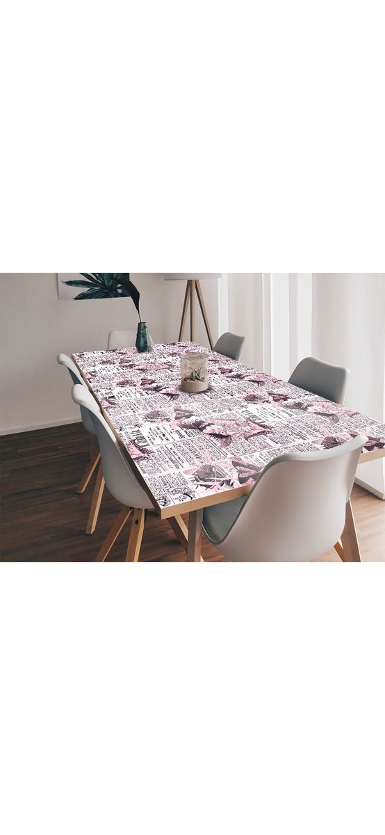 Autocolant blat masă, model ziar cu flori roz, 100 x 100 cm, racletă inclusă
