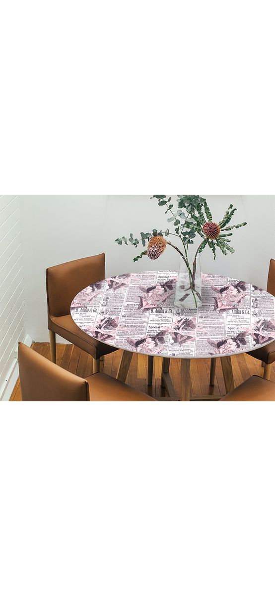 Autocolant blat masă, model ziar cu flori roz, 100 x 100 cm, racletă inclusă