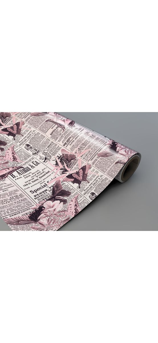 Autocolant blat masă, model ziar cu flori roz, 100 x 100 cm, racletă inclusă