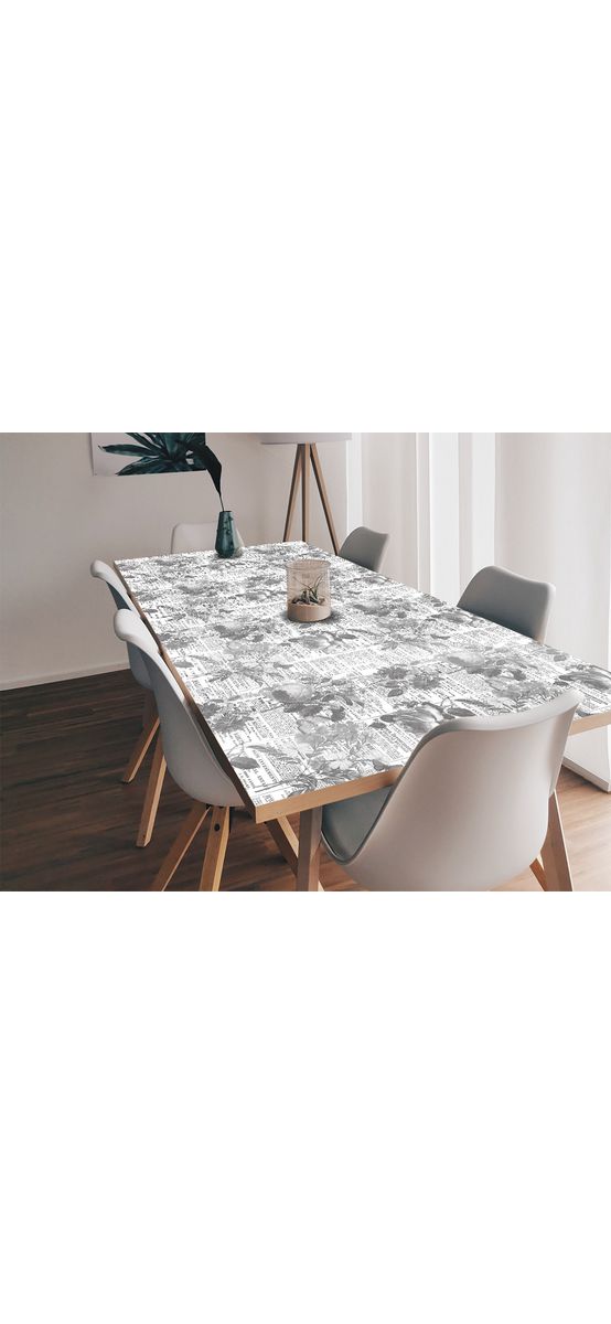 Autocolant blat masă, model ziar cu flori gri, 100 x 100 cm, racletă inclusă