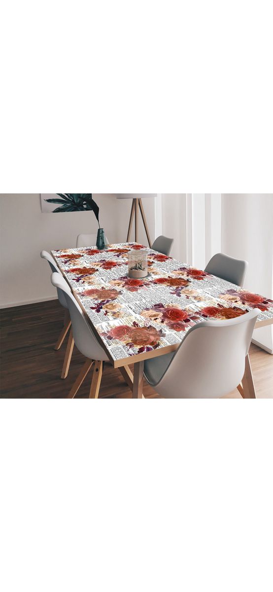 Autocolant blat masă, model ziar cu flori roșii, 100 x 100 cm, racletă inclusă