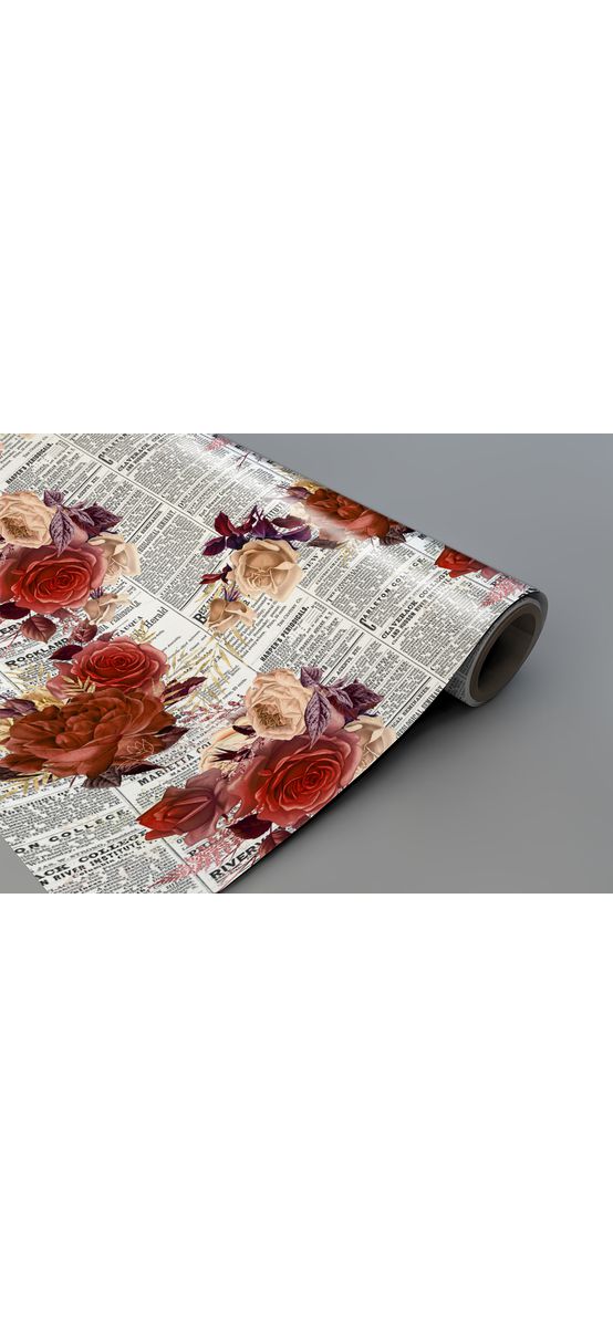 Autocolant blat masă, model ziar cu flori roșii, 100 x 100 cm, racletă inclusă