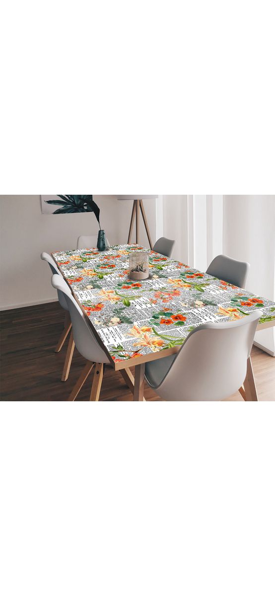 Autocolant blat masă, model ziar cu flori oranj, 100 x 100 cm, racletă inclusă