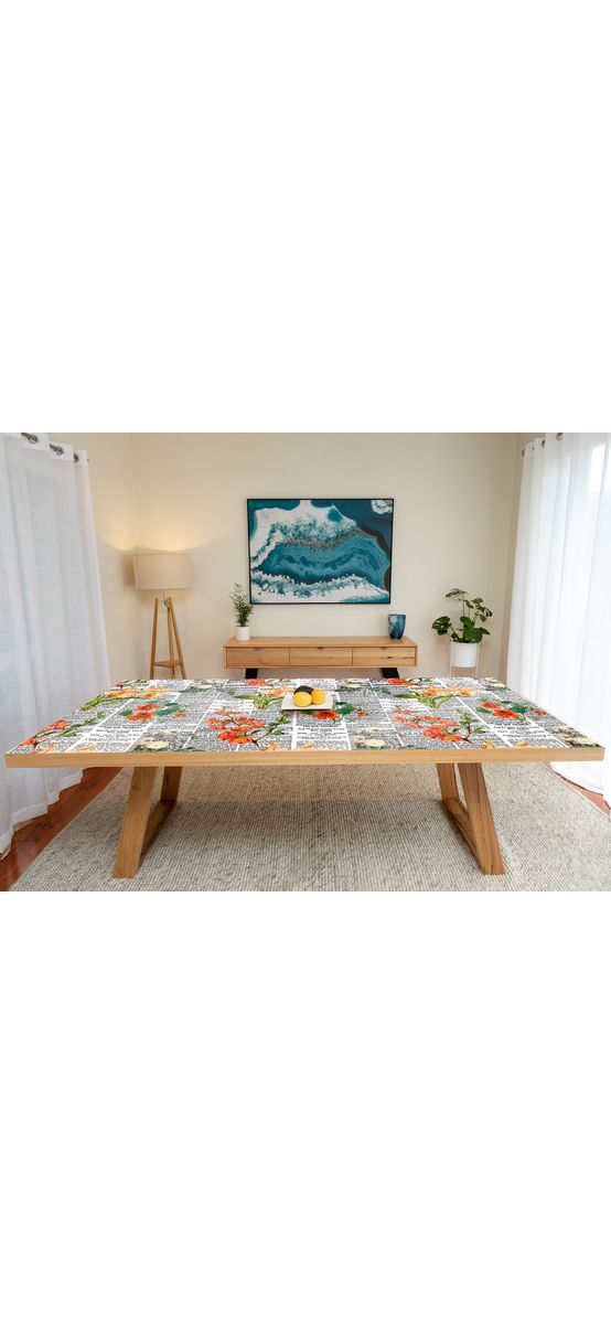 Autocolant blat masă, model ziar cu flori oranj, 100 x 100 cm, racletă inclusă