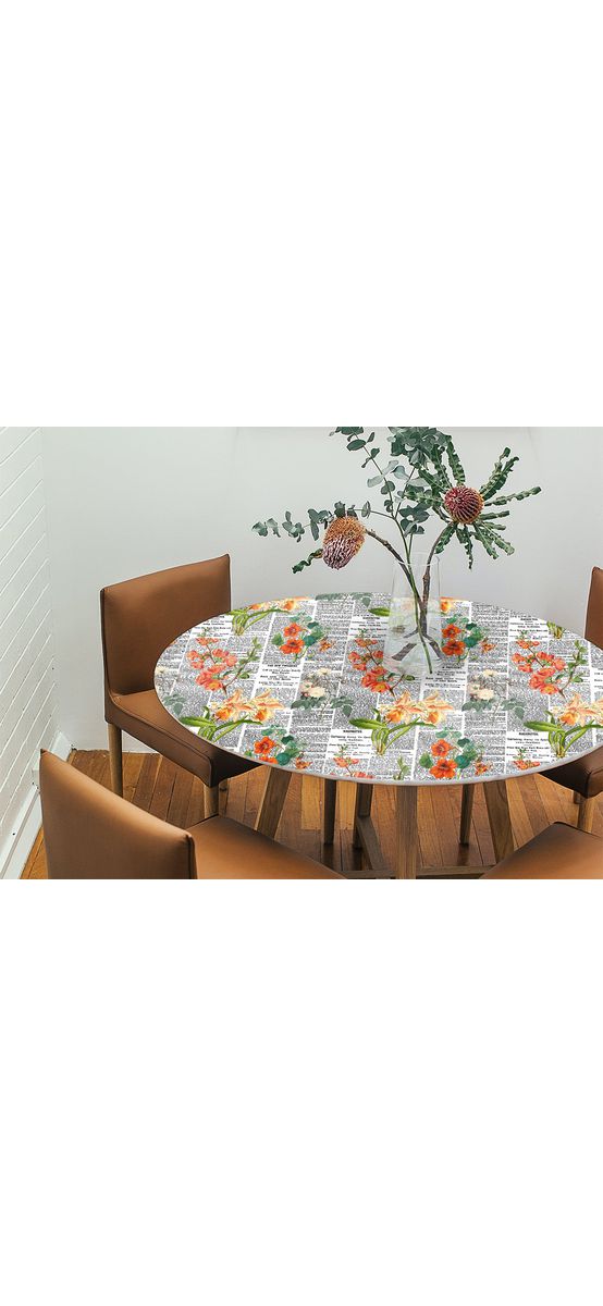 Autocolant blat masă, model ziar cu flori oranj, 100 x 100 cm, racletă inclusă