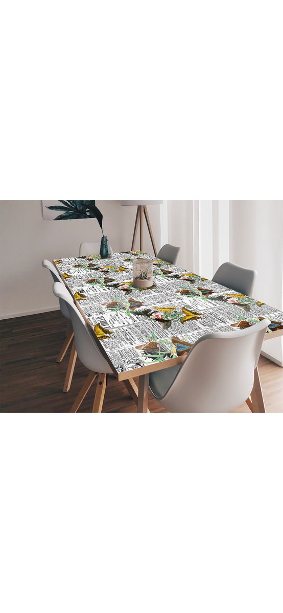 Autocolant blat masă, model ziar cu fluturi galbeni, 100 x 100 cm, racletă inclusă