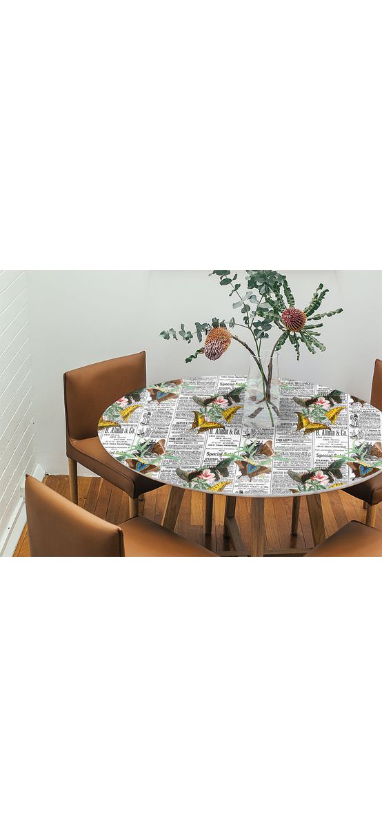 Autocolant blat masă, model ziar cu fluturi galbeni, 100 x 100 cm, racletă inclusă