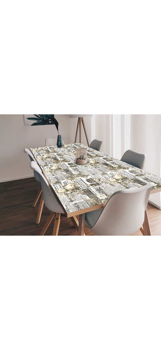 Autocolant blat masă, model ziar cu flori albe, 100 x 100 cm, racletă inclusă