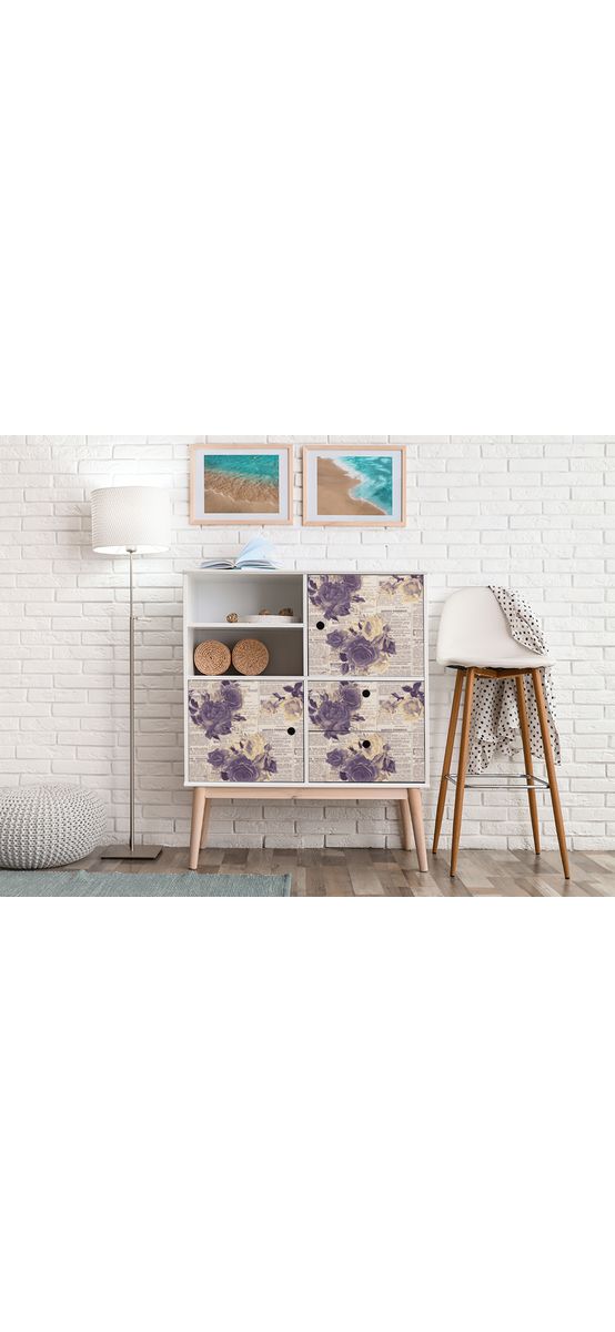 Autocolant mobilă decorativ, model ziar cu flori violet, 100 cm lățime