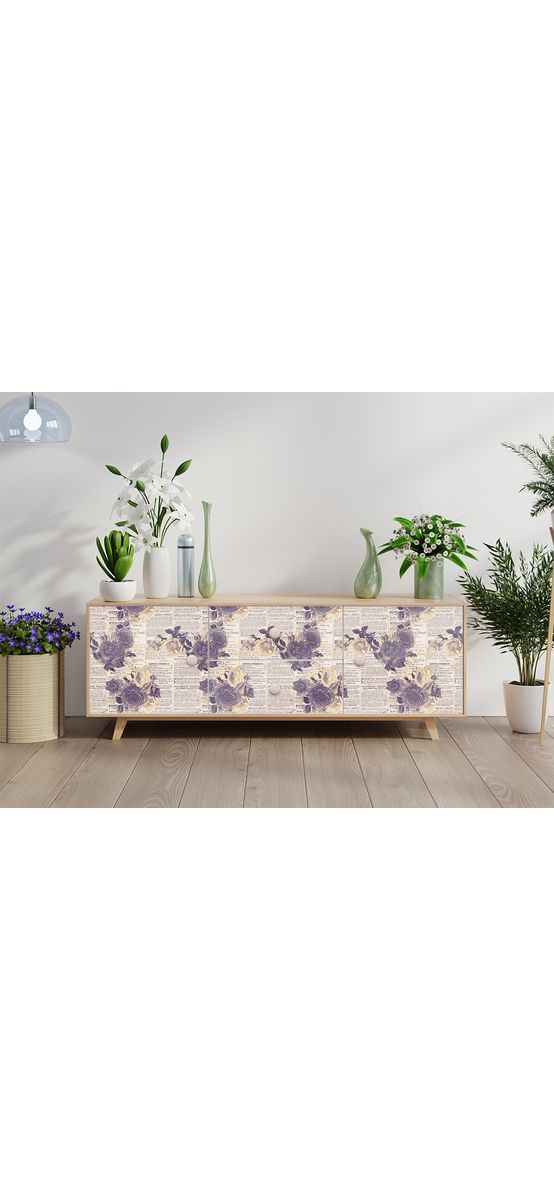 Autocolant mobilă decorativ, model ziar cu flori violet, 100 cm lățime