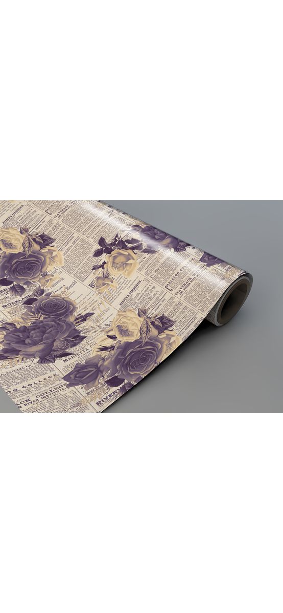 Autocolant mobilă decorativ, model ziar cu flori violet, 100 cm lățime