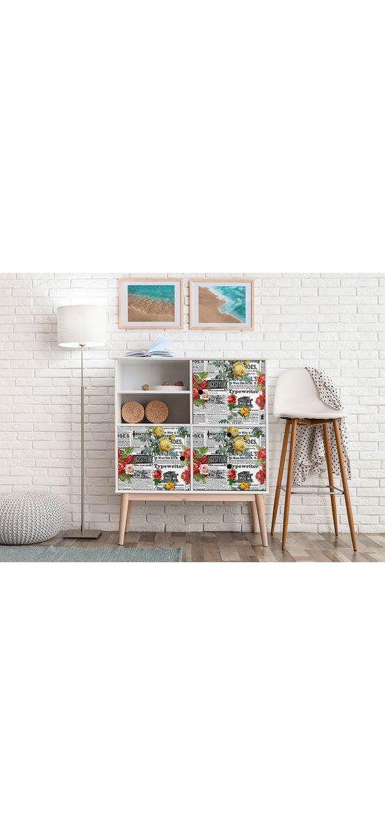 Autocolant decorativ, model ziar cu flori roșii și galbene, 100 cm lățime