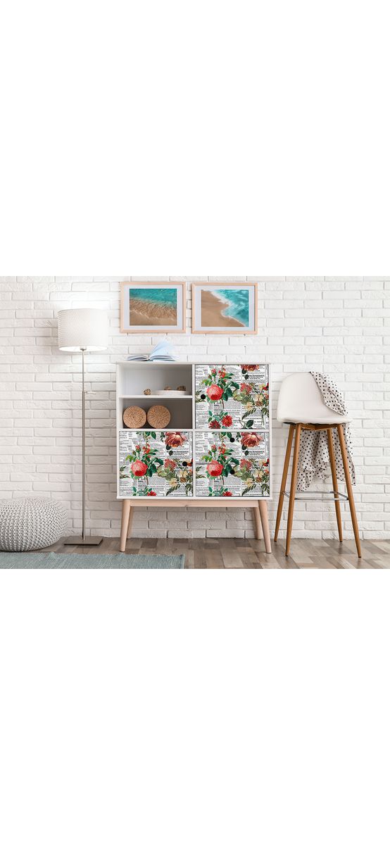 Autocolant decorativ, model ziar cu flori nuanțe de roșu, 100 cm lățime