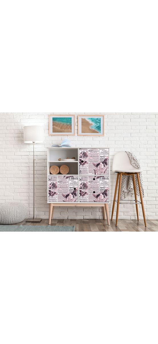 Autocolant mobilă decorativ, model ziar cu flori roz, 100 cm lățime
