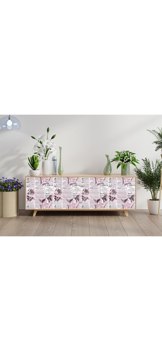 Autocolant mobilă decorativ, model ziar cu flori roz, 100 cm lățime