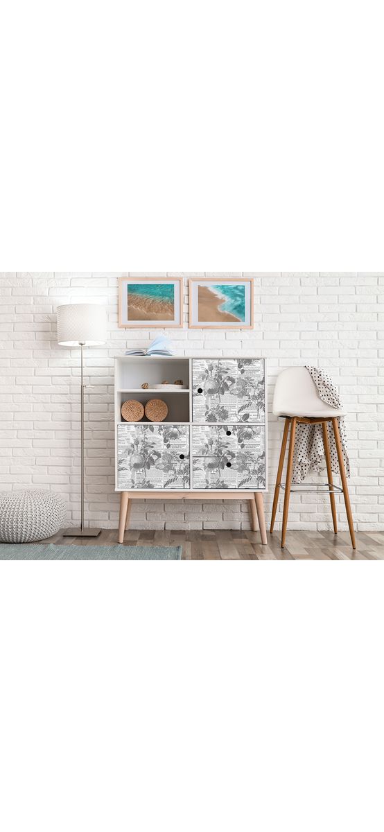 Autocolant mobilă decorativ, model ziar cu flori gri, 100 cm lățime