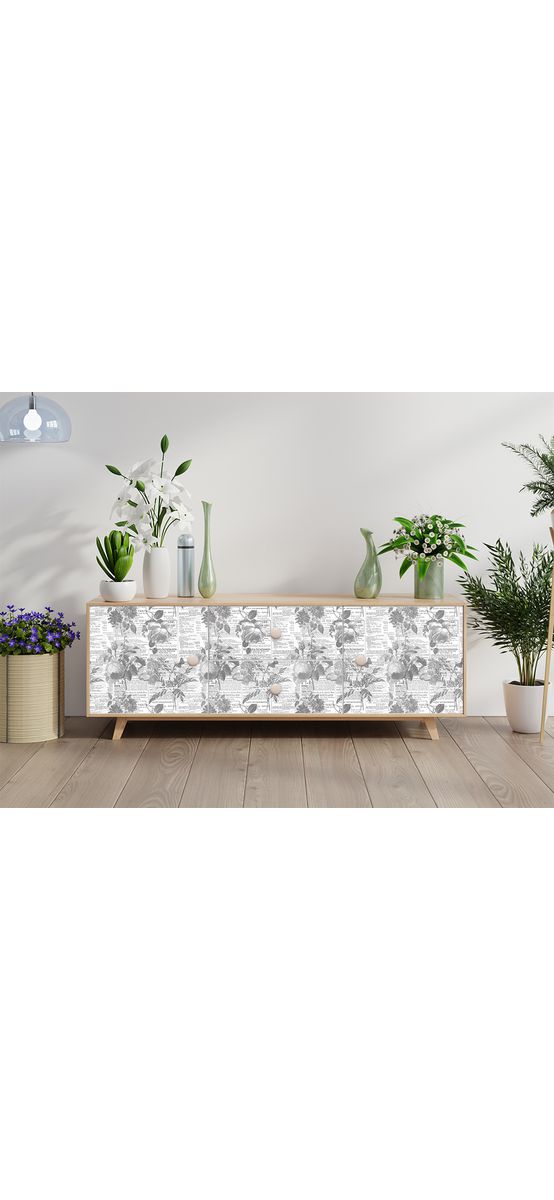Autocolant mobilă decorativ, model ziar cu flori gri, 100 cm lățime