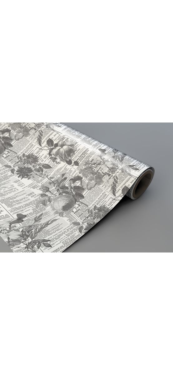 Autocolant mobilă decorativ, model ziar cu flori gri, 100 cm lățime
