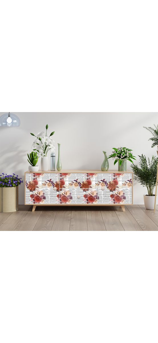 Autocolant decorativ, model ziar cu flori roșii, 100 cm lățime