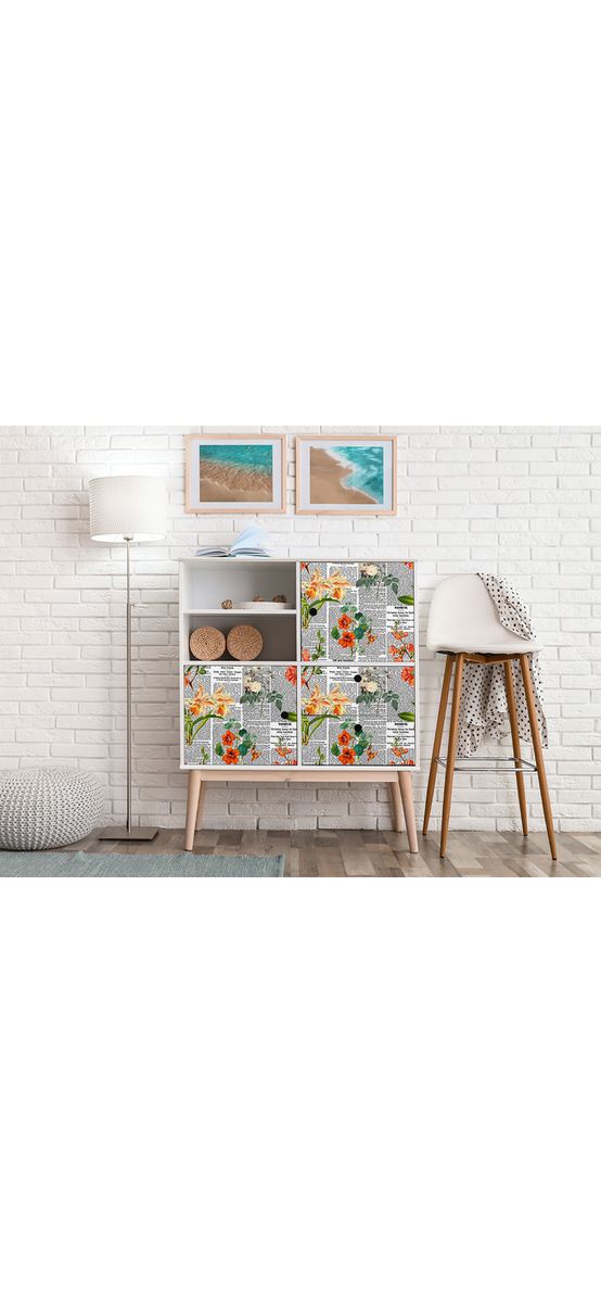 Autocolant mobilă decorativ, model ziar cu flori oranj, 100 cm lățime