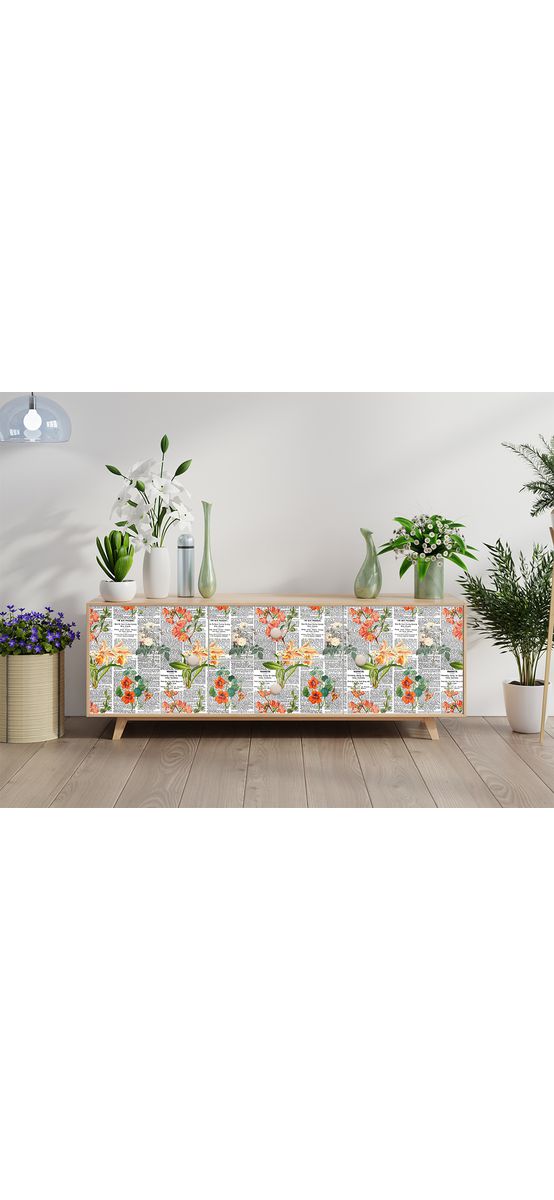 Autocolant mobilă decorativ, model ziar cu flori oranj, 100 cm lățime
