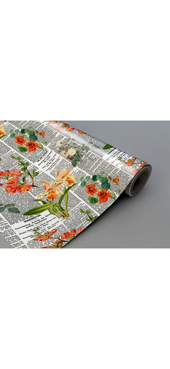 Autocolant mobilă decorativ, model ziar cu flori oranj, 100 cm lățime