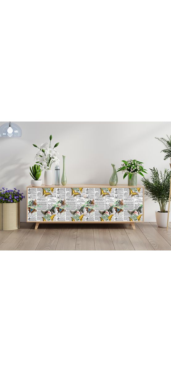 Autocolant mobilă decorativ, model ziar cu fluturi galbeni, 100 cm lățime