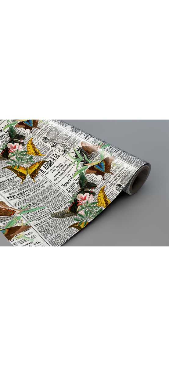 Autocolant mobilă decorativ, model ziar cu fluturi galbeni, 100 cm lățime