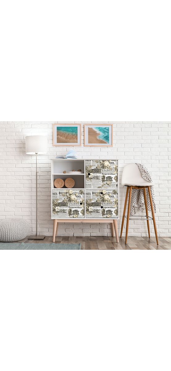 Autocolant mobilă decorativ, model ziar cu flori albe, 100 cm lățime