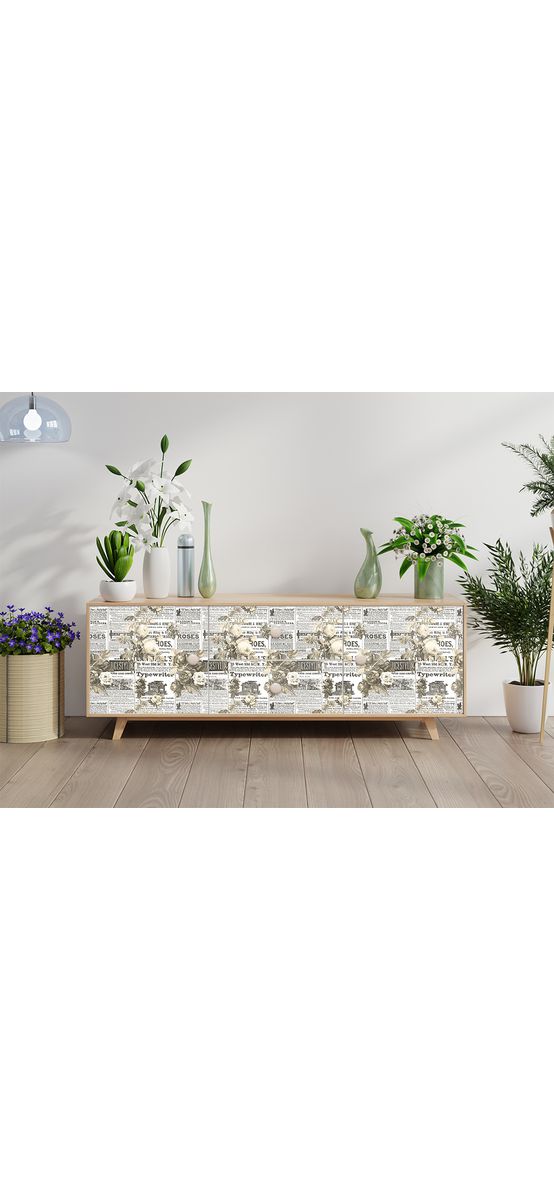 Autocolant mobilă decorativ, model ziar cu flori albe, 100 cm lățime