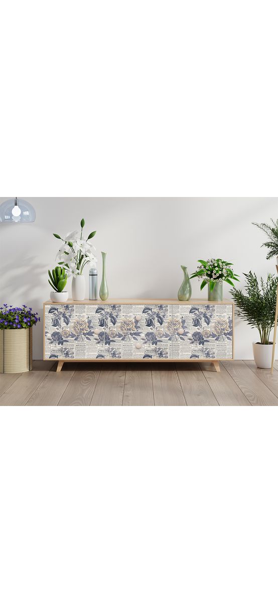 Autocolant mobilă decorativ, model ziar cu flori retro, 100 cm lățime