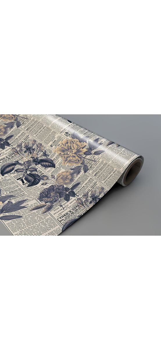 Autocolant mobilă decorativ, model ziar cu flori retro, 100 cm lățime