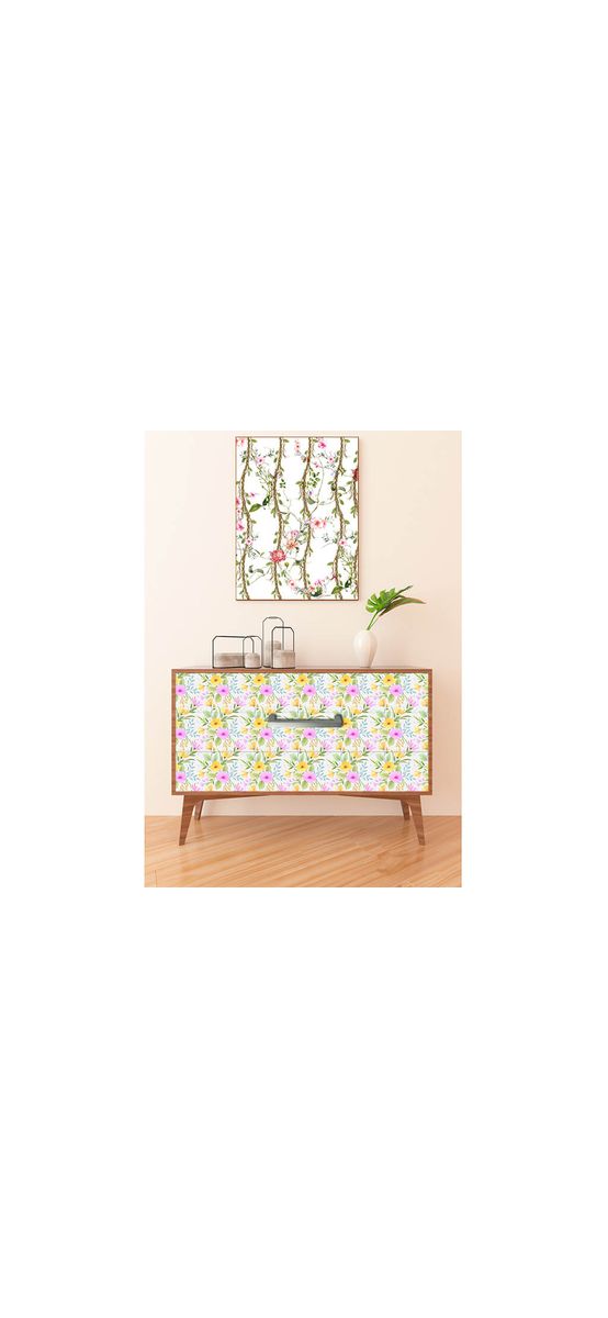 Autocolant mobilă decorativ, Folina, model flori mov cu galben, 122 cm lăţime