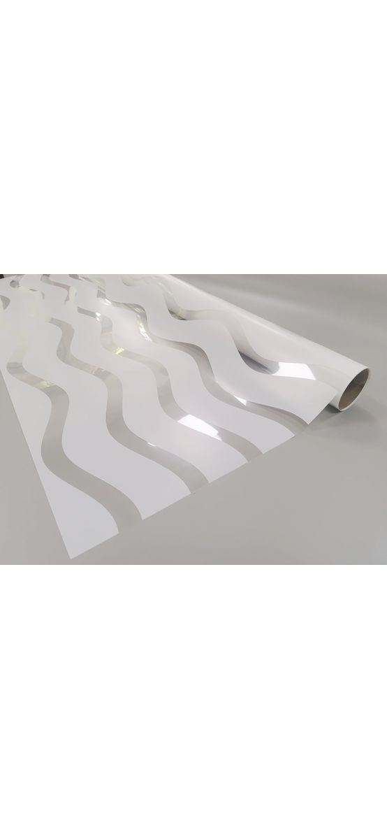 Folie geam autoadezivă, Folina Merida, transparentă cu dungi şerpuite albe orizontale, 120 cm lăţime