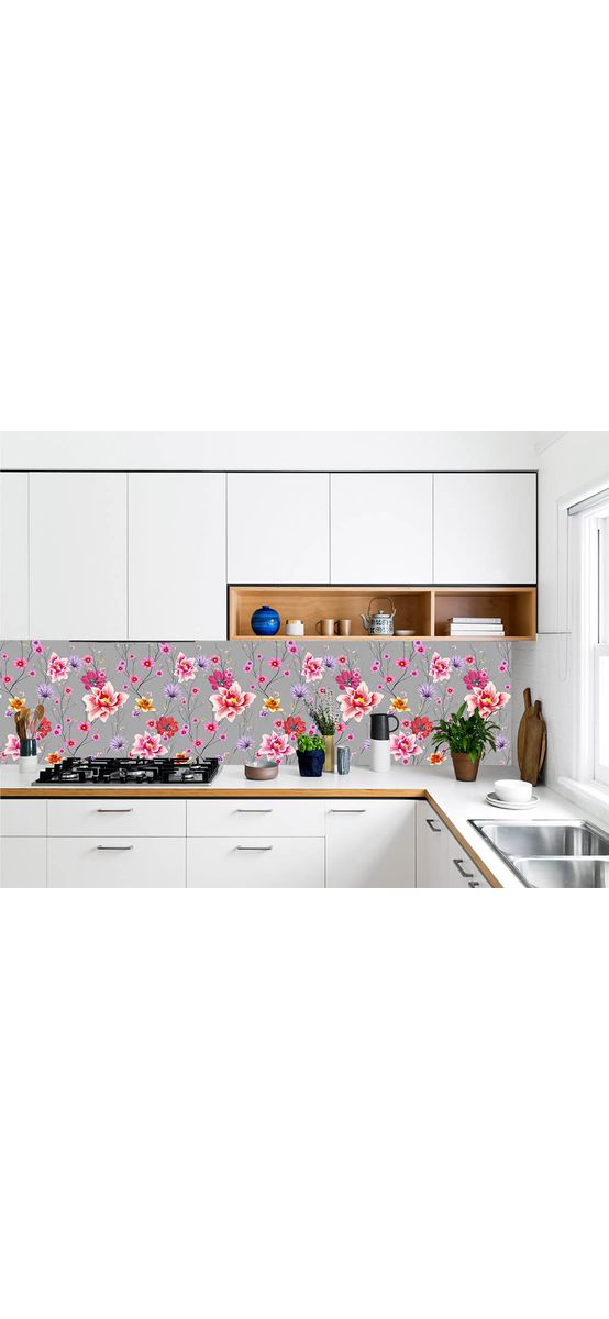Autocolant mobilă decorativ, Folina, gri cu model floral multicolor,100 cm lățime