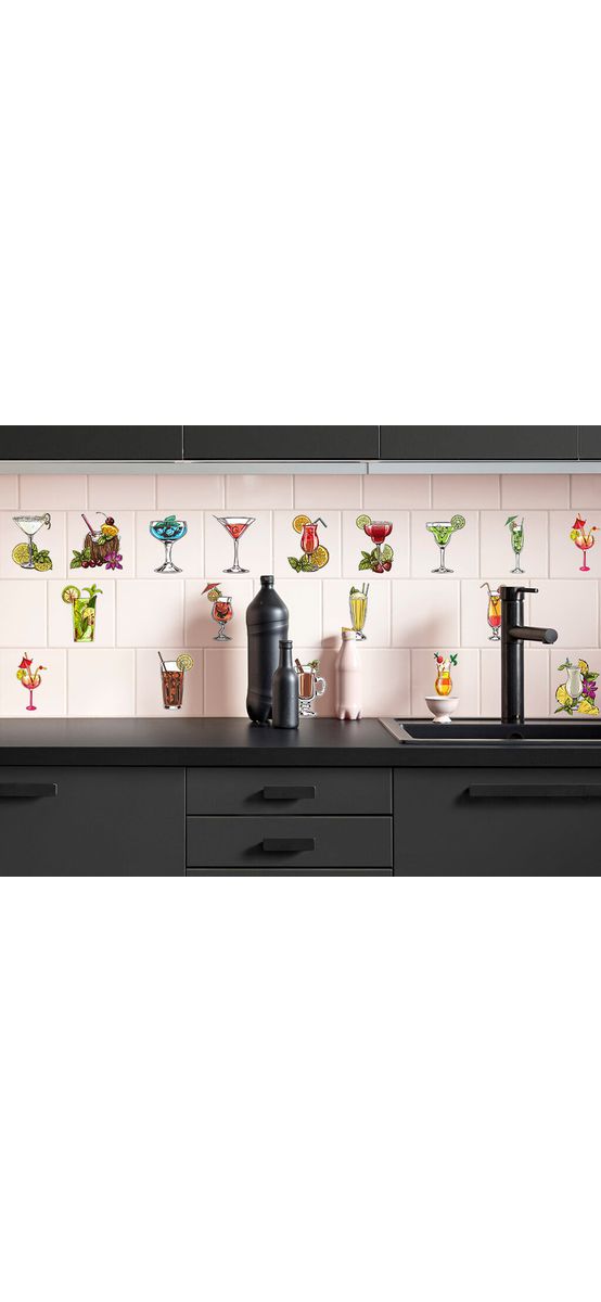 Set 17 stickere faianţă bucătărie, Folina, model Cocktails, multicolor