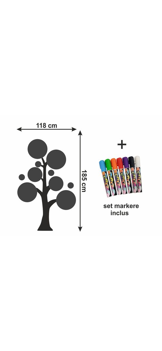 Sticker Copacul cu mesaje, tip tablă de scris blackboard, 185 cm înălţime, cu set markere colorate