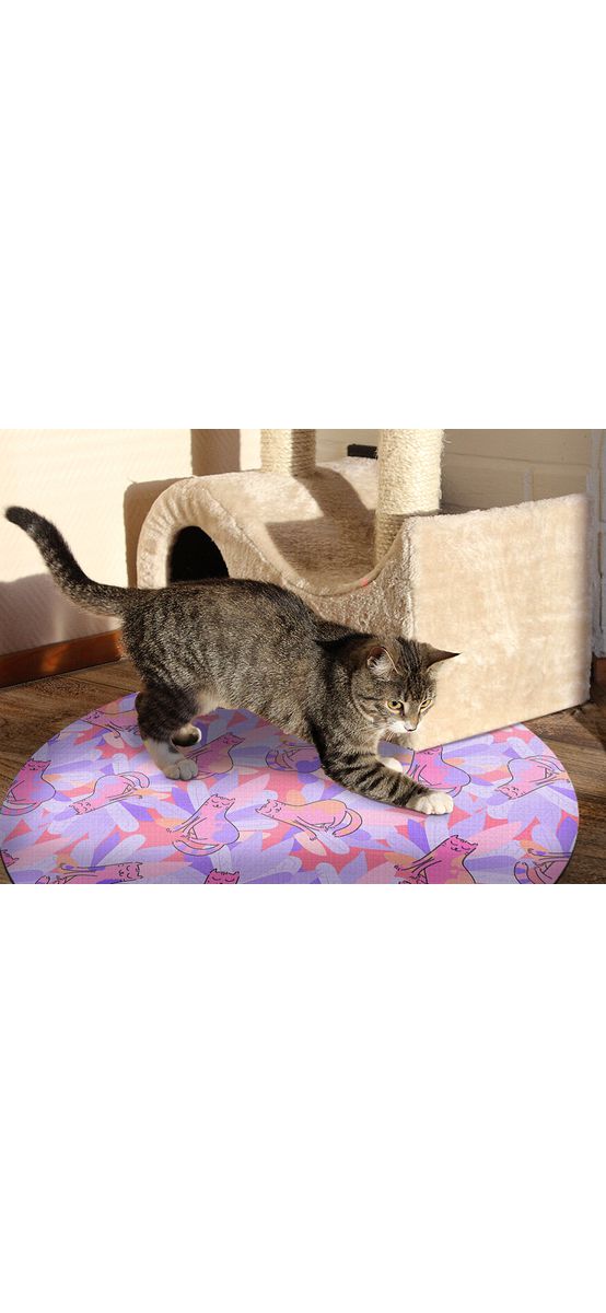 Covor antiderapant pentru animale de companie, model pisici violet, linoleum antiderapant, rotund
