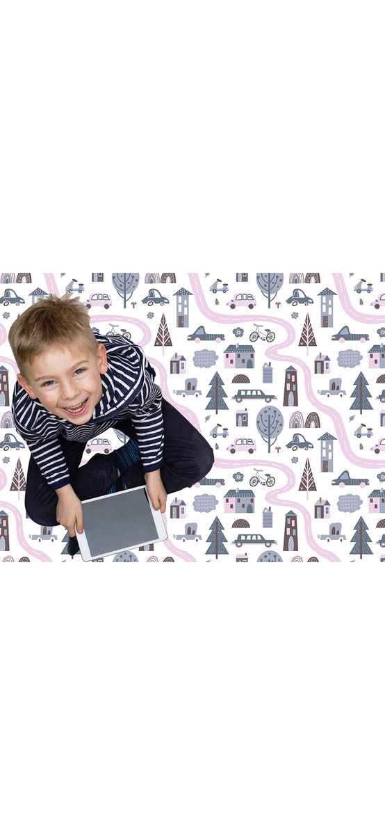 Covor antiderapant pentru cameră copii, din pvc, model șosele și case, linoleum antiderapant la rolă de 100 cm lățime.