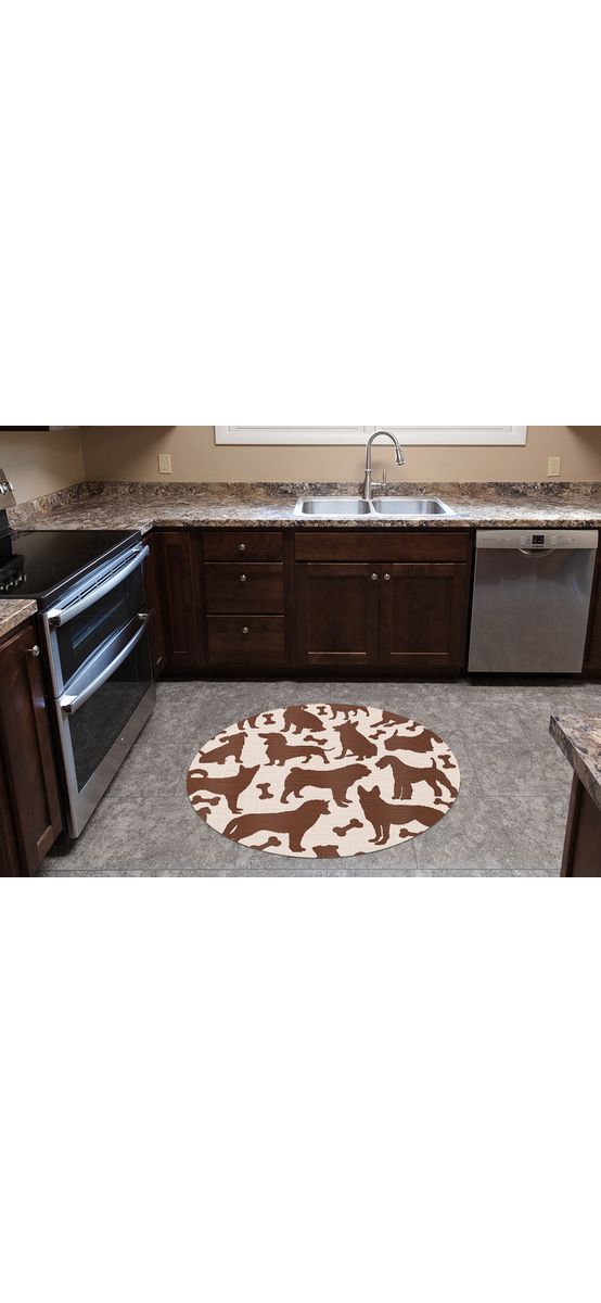Covor antiderapant pentru animale de companie, model cățeluși maro, linoleum antiderapant, rotund