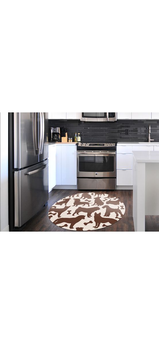 Covor antiderapant pentru animale de companie, model cățeluși maro, linoleum antiderapant, rotund