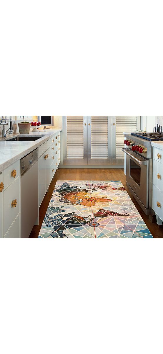 Covor antiderapant pentru hol și terasă , model geometric cu harta lumii, linoleum antiderapant